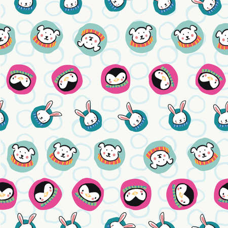 Penguin Polar Bear Bunny Rabbit Scarf Circle Christmas Seamless Pattern. Vector illustration. Perfect for Christmas, New Year, party, winter, fashion, decoration, gift wrapping, textile design, background, illustration, carpet and rug.のイラスト素材