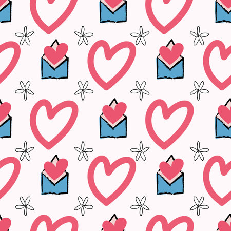 Valentine Love Heart Letter Envelope Flower Seamless Pattern. Vector illustration. Great for valentines, weddings, birthday, party, gift wrapping, wallpaper, textile and scrapbookのイラスト素材