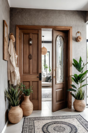 Boho style interior design of modern entrance hall with door.の素材