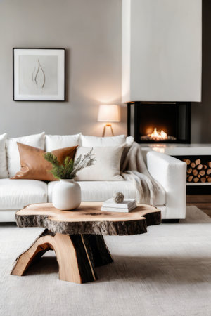 Close up of organic wood home decor on live edge coffee table near white sofa and fireplace. Minimalist home interior design of modern living room.の素材