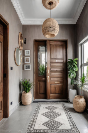 Boho style interior design of modern entrance hall with door.の素材