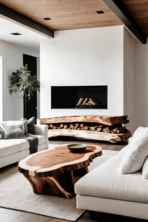 Close up of organic wood home decor on live edge coffee table near white sofa and fireplace. Minimalist home interior design of modern living room.の素材