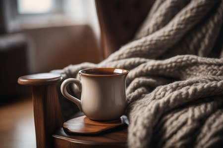 A mug of hot tea stands on a chair with a woolen blanket in a cozy living room with a fireplace. Cozy winter dayの素材