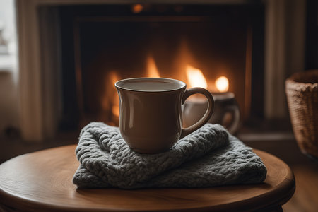 A mug of hot tea stands on a chair with a woolen blanket in a cozy living room with a fireplace. Cozy winter dayの素材