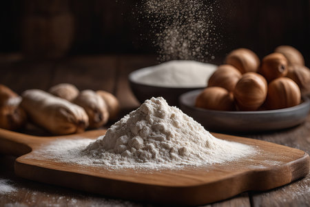 Flour on a wooden board. cooking kitchen backgroundの素材