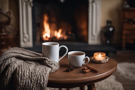 A mug of hot tea stands on a chair with a woolen blanket in a cozy living room with a fireplace. Cozy winter dayの素材
