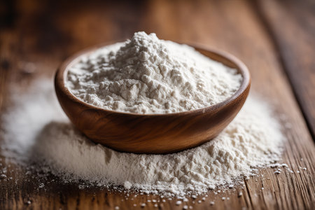Flour on a wooden board. cooking kitchen backgroundの素材
