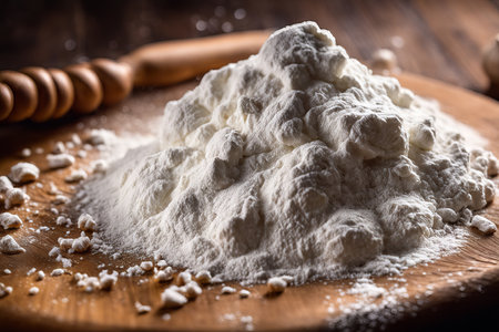 Flour on a wooden board. cooking kitchen backgroundの素材