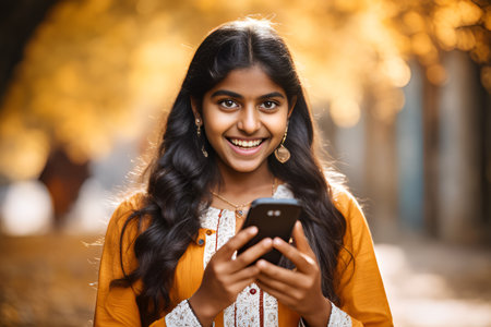 Portrait of a happy surprised young student girl with a smartphone in her hand. Human emotions, reaction, expressionの素材