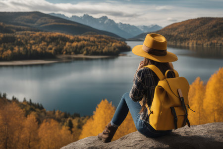 Rear view of a stylish girl, with a backpack, a hat and a yellow jacket, looking at the view of the mountains and the lake while relaxing in the autumn nature. travel conceptの素材
