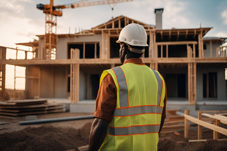 Rear view of the master foreman in uniform and helmet watches, controls the construction of the house.の素材