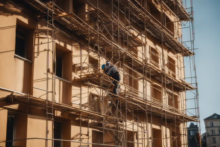 Scaffolding on the facade of a multi-storey building during the repair, reconstruction, renovation of the facade. Sunny day.の素材