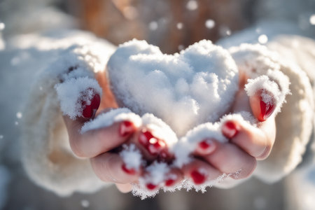 Heart of snow in female hands. Tenderness winter romantic feelings. Valentine's day backgroundの素材