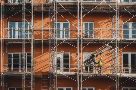 Scaffolding on the facade of a multi-storey building during the repair, reconstruction, renovation of the facade. Sunny day.の素材