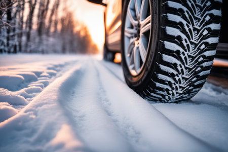 Winter tire. Detail of car tires in winter on the road covered with snow.の素材