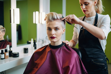 Professional hairdresser cutting hair of young woman in beauty salonの素材