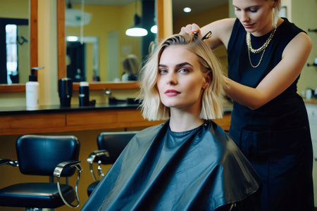 a beautiful blonde model woman in the hairdresser salon gets a new haircut, dyes her hair and style it. sitting on the chair and talking to the hairstylistの素材