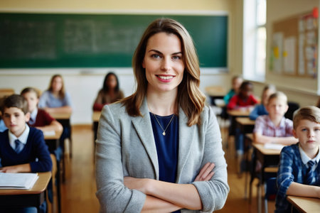 a photo portrait of a beautiful young female american school teacher standing in the classroom. students sitting and walking in the break. blurry background behindの素材