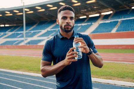 a photo of a latino male sprinter athlete on a track holding in his hand and drinking cold isotonic sports water drink. sweaty after exercises. blurry stadium backgroundの素材