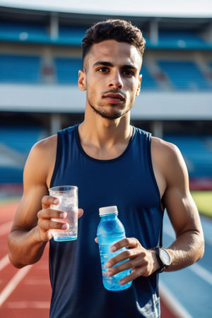 a photo of a latino male sprinter athlete on a track holding in his hand and drinking cold isotonic sports water drink. sweaty after exercises. blurry stadium backgroundの素材