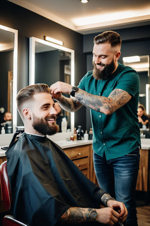 a handsome model man with a beard in the hairdresser barbershop salon gets a new haircut trim and style it. sitting on the chair and talking to the hairstylist barber. guy smilingの素材