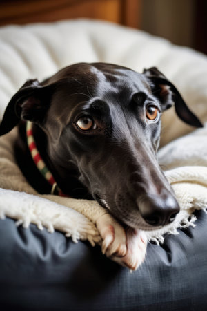 Black greyhound dozing peacefully inside dog bed with head resting on paws.の素材