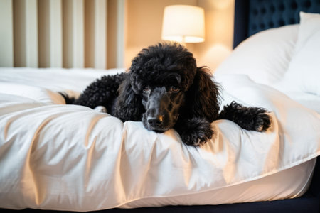 Black poodle deep asleep while snuggled under white bedsheet on top of mattress.の素材