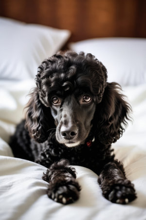 Black poodle deep asleep while snuggled under white bedsheet on top of mattress.の素材