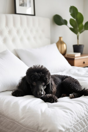 Black poodle deep asleep while snuggled under white bedsheet on top of mattress.の素材