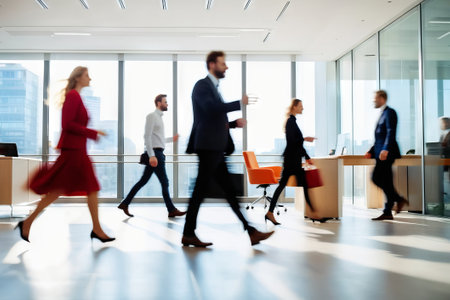 Bright business workplace with people in walking in blurred motion in modern office spaceの素材