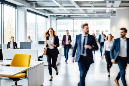 Bright business workplace with people in walking in blurred motion in modern office spaceの素材