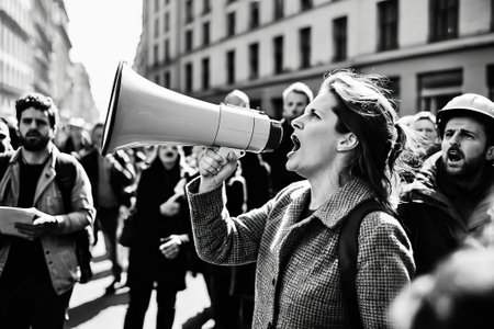 a woman shouting through megaphone on a workers environmental protest in a crowd in a big city. black and white documentary photoの素材