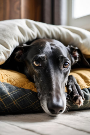 Black greyhound dozing peacefully inside dog bed with head resting on paws.の素材