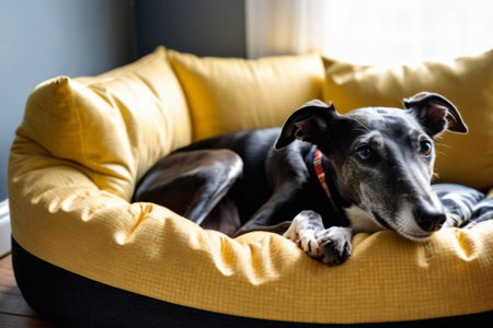 Black greyhound dozing peacefully inside dog bed with head resting on paws.の素材