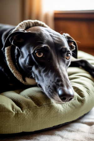 Black greyhound dozing peacefully inside dog bed with head resting on paws.の素材