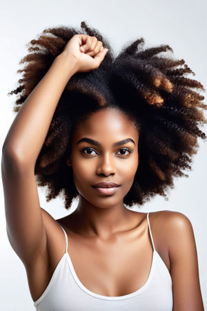 closeup of beautiful black african american young female model woman shaking her beautiful afro hair in motion. ad for shampoo conditioner hair products. isolated on white backgroundの素材