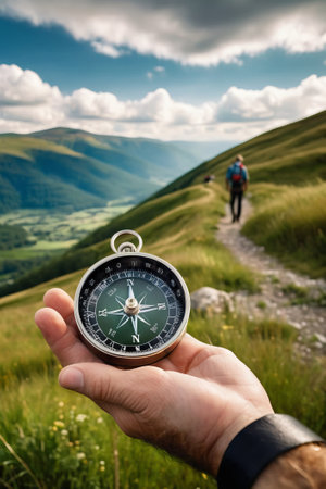 Compass in man's hand in front of summer mountain landscape with green hills and cloudscape , travel adventure and discovery conceptの素材