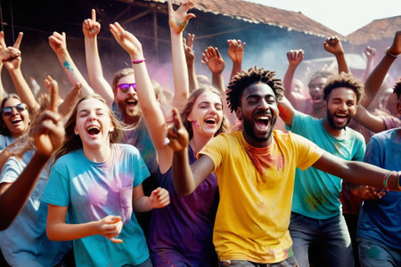 Crowded group of young people dancing cheering and celebrating on a summer festival outside in the day time. laughig screaming and being happy and having fun. holi fest colorful splashesの素材
