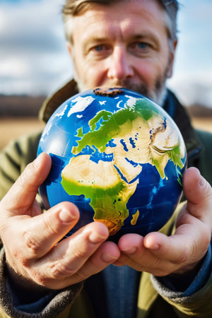 Man holding a globe in his hands. Focus on the globe.の素材
