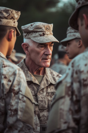 A mature Marine in uniform, sharing his experiences with younger recruits, reflecting the blend of ages in the armed forces.の素材