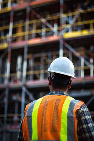 Construction worker in hard hat and safety vest, supervising a large building project.の素材