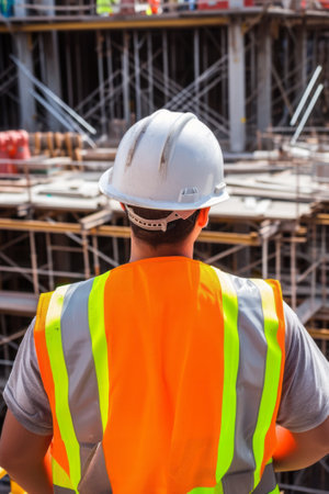Construction worker in hard hat and safety vest, supervising a large building project.の素材