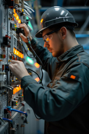 Experienced electrician fixing electrical components in a large industrial complex.の素材