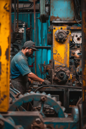 Experienced electrician fixing electrical components in a large industrial complex.の素材