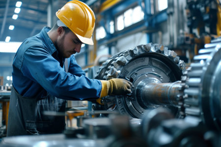 Experienced electrician fixing electrical components in a large industrial complex.の素材