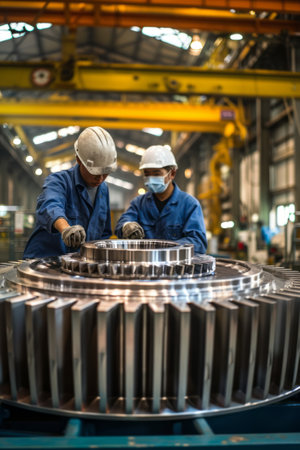 Two workers collaborating on a large gear assembly in an industrial manufacturing facility.の素材