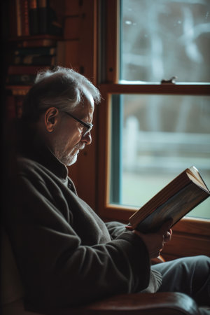 Atheist individual in a contemplative moment, reading a philosophy book in a serene home environment.の素材