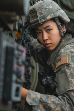 An Asian American female soldier in Army fatigues, operating advanced communication equipment, demonstrating technological expertise.の素材