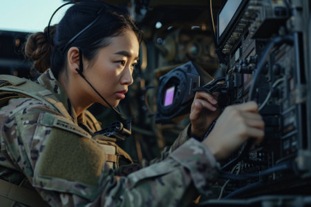 An Asian American female soldier in Army fatigues, operating advanced communication equipment, demonstrating technological expertise.の素材