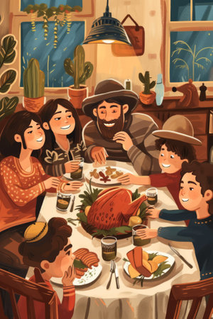 Jewish family celebrating Shabbat dinner over a video call, showcasing the blend of tradition and modern connectivity.の素材